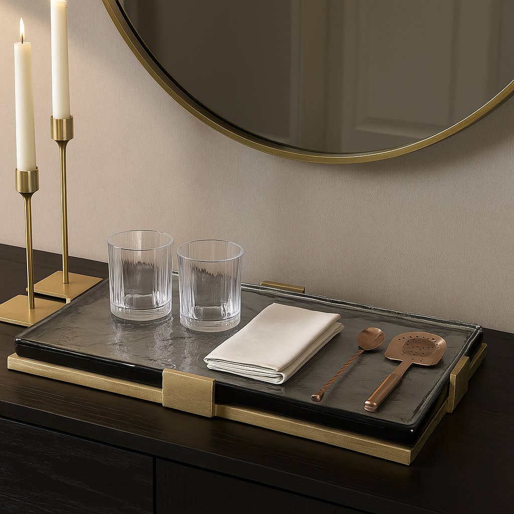 Decorative Tray - Gold Metal Rectangular Design, 19 in.