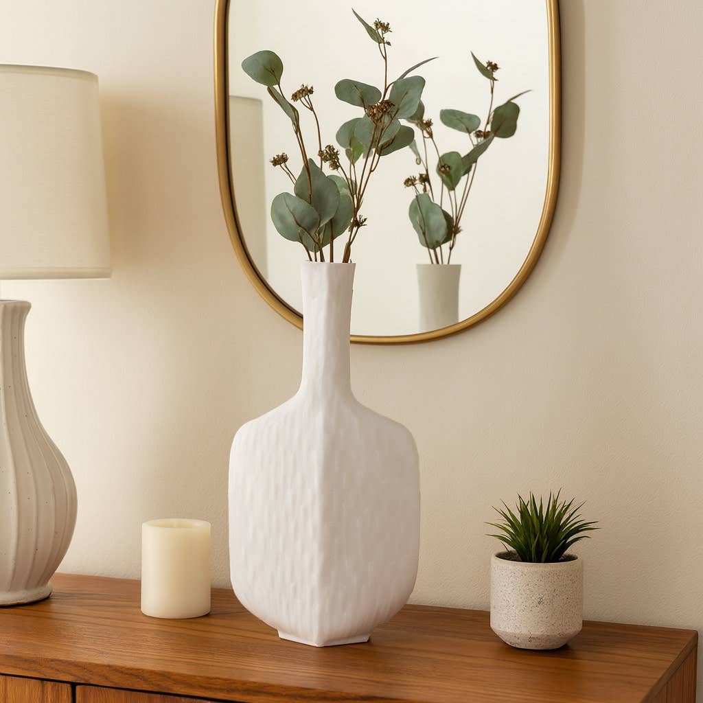 Decorative Vase - White Resin Modern Textured , 15 in.