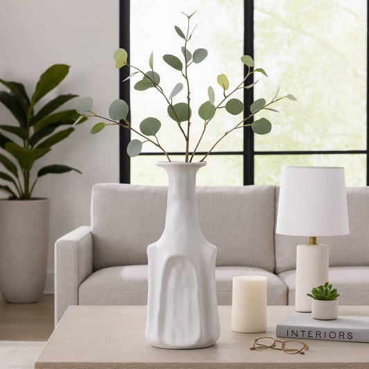 Decorative Vase - White Ceramic Sleek Medium Design, 17 in.