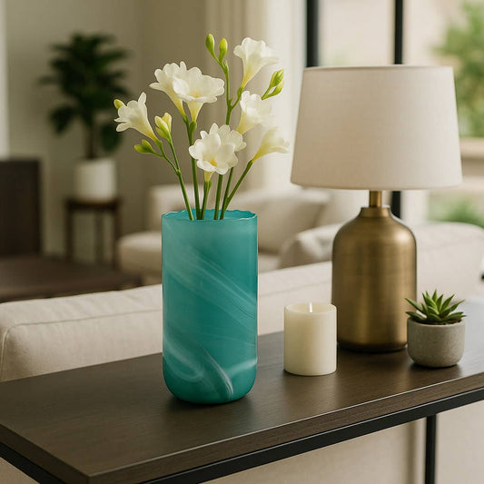 Decorative Vase - Blue Glass Swirl Coastal Inspired, 14 in.