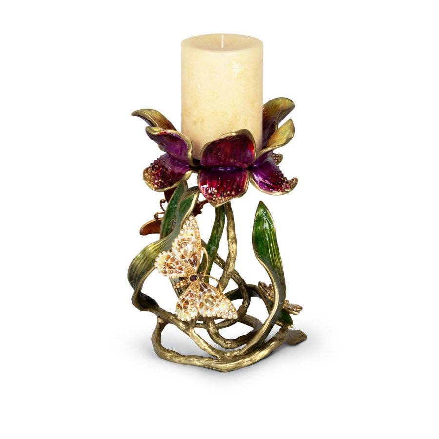 Jay Strongwater Meredith Floral 9" Brocade Pillar Candle Holder, Enamel Brass