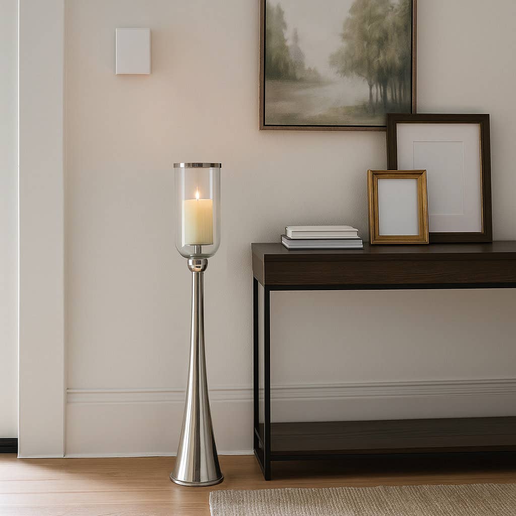Candle Holder - Silver Metal Glass Hurricane Design, 43 in.