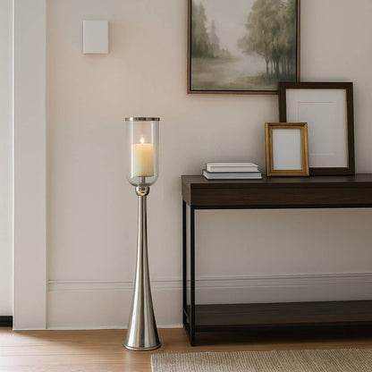 Candle Holder - Silver Metal Glass Hurricane Design, 43 in.
