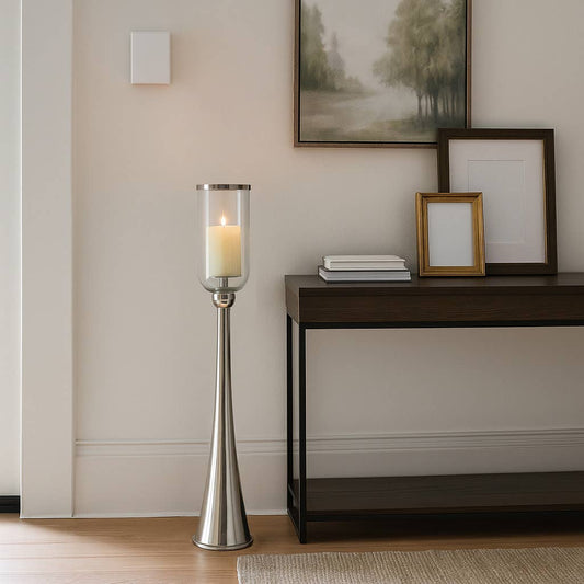 Candle Holder - Silver Metal Glass Hurricane Design, 43 in.