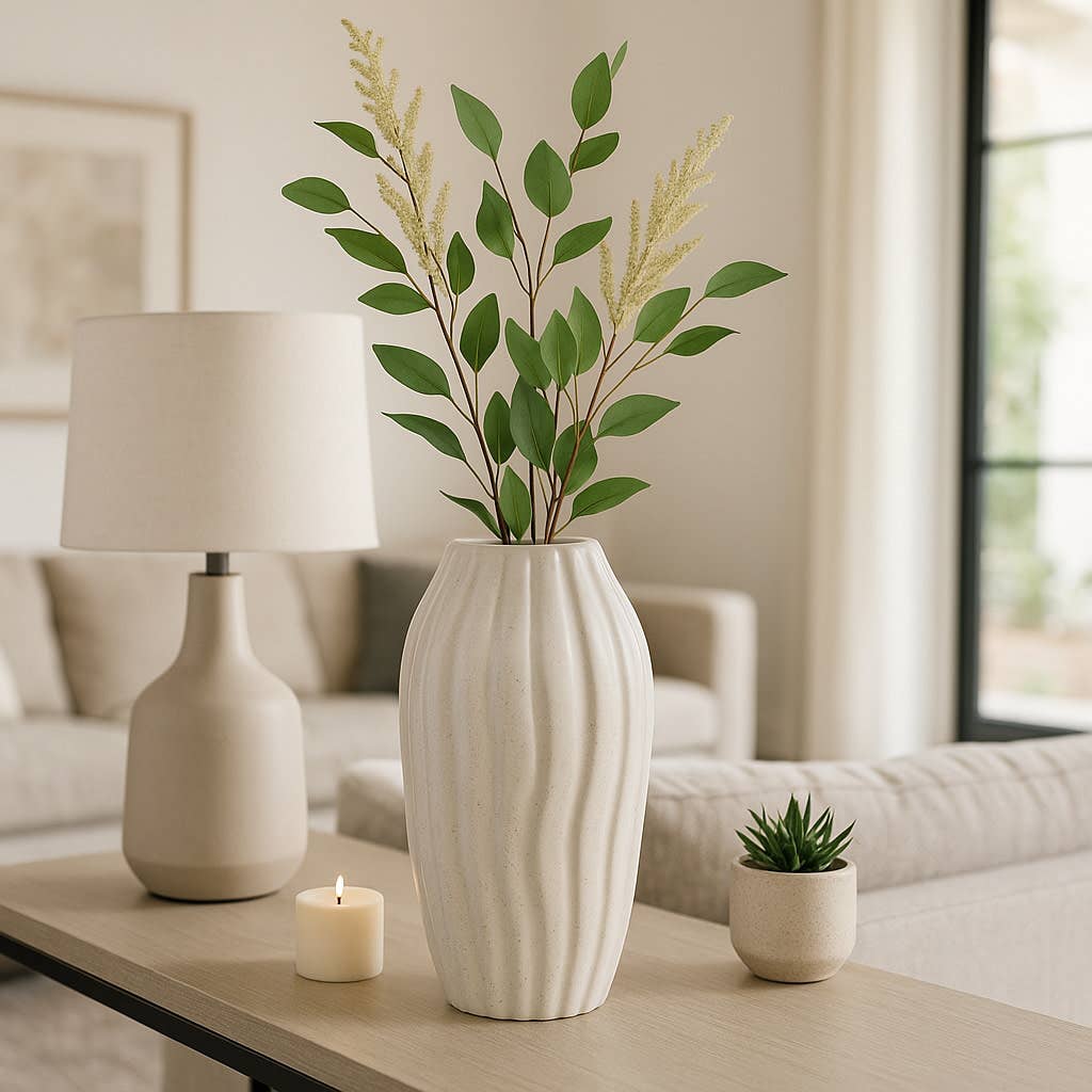 Decorative Vase - Ivory Ceramic Sculpted Floor, 14 in.