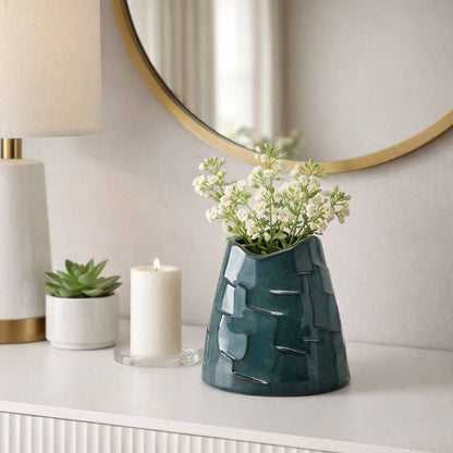 Decorative Vase - Blue Ceramic Sculpted Textured, 6 in.