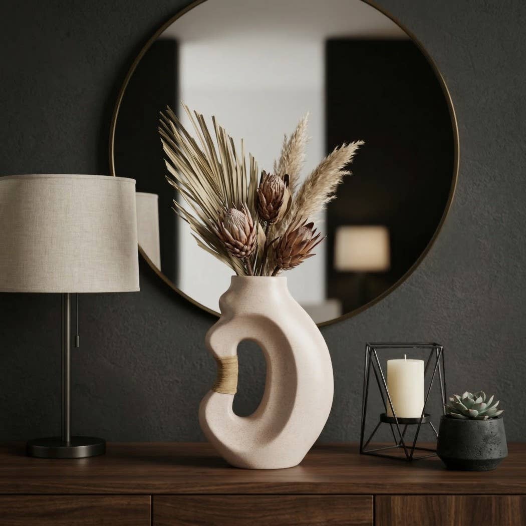 Decorative Vase - Tan Ceramic Small Leather Wrap, 13 in.