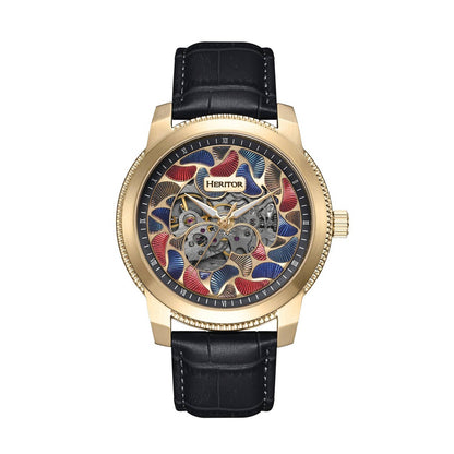 Heritor Emmanuel Men's Automatic Semi-Skeleton Leather Watch, Gold/Black