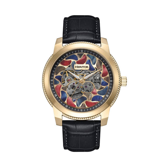 Heritor Emmanuel Men's Automatic Semi-Skeleton Leather Watch, Gold/Black