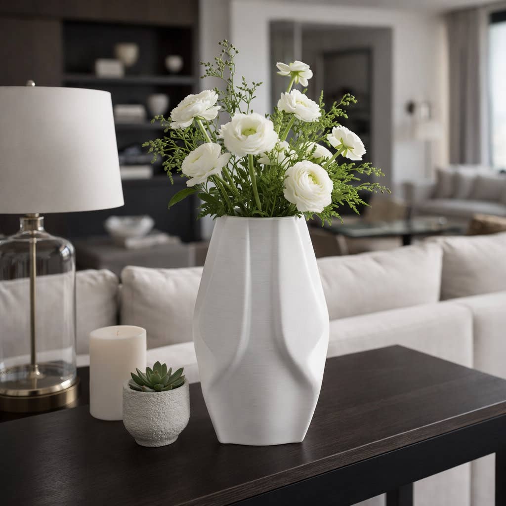 Decorative Vase - White 3D Printed Sculpted Geometric, 15 in.