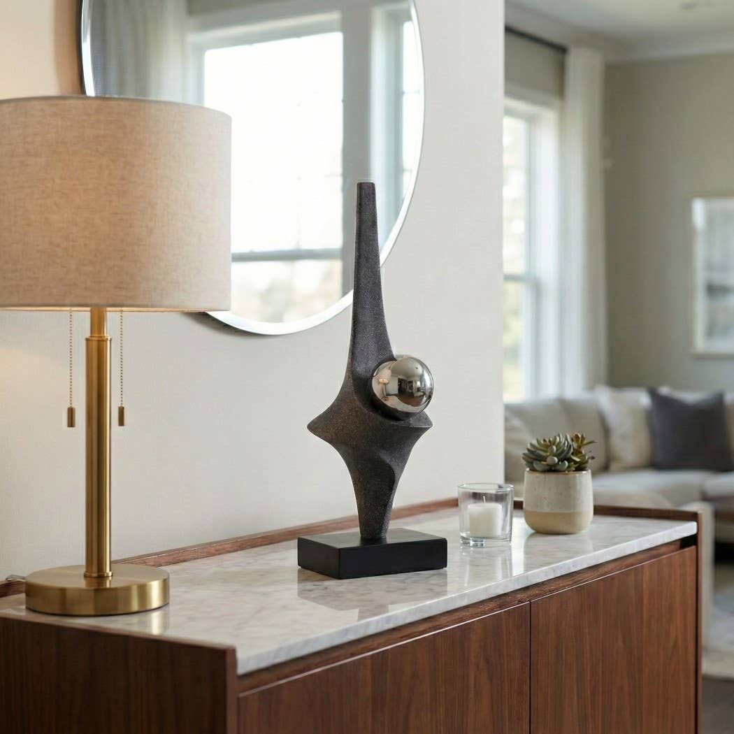 Decorative Sculpture - Black Resin with Metal Sphere, 18 in.