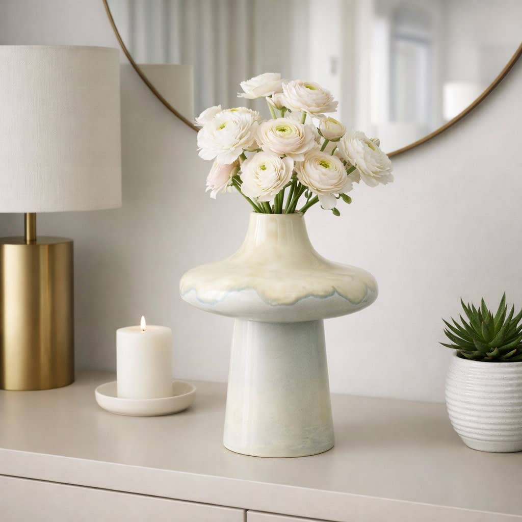 Decorative Vase - Beige Ceramic Sculptural Design, 12 in.