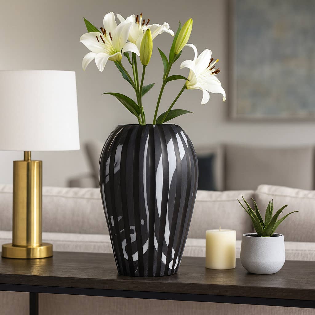 Decorative Vase - Black/White Glass Curved Tapered, 19 in.