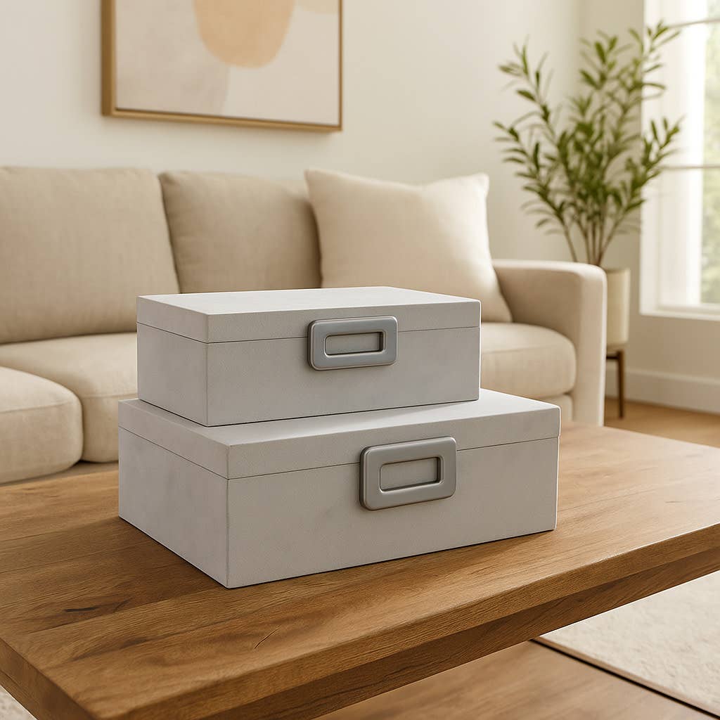 Decorative Boxes Set of 2 - White Wood Gemstone, 11/14 in.