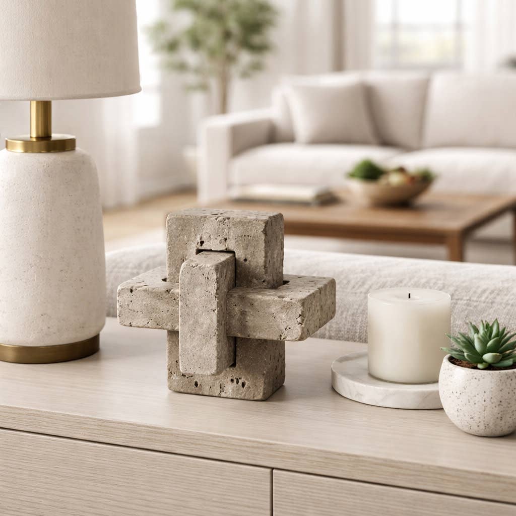 Sculpture - Gray Stone Metal Interlocking Block, 5 in.