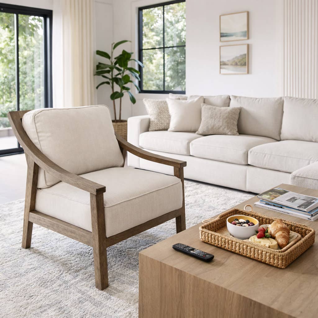 Accent Chair - Ivory Polyester with Wood Frame, 33 in.