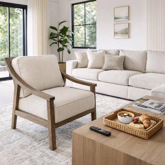 Accent Chair - Ivory Polyester with Wood Frame, 33 in.