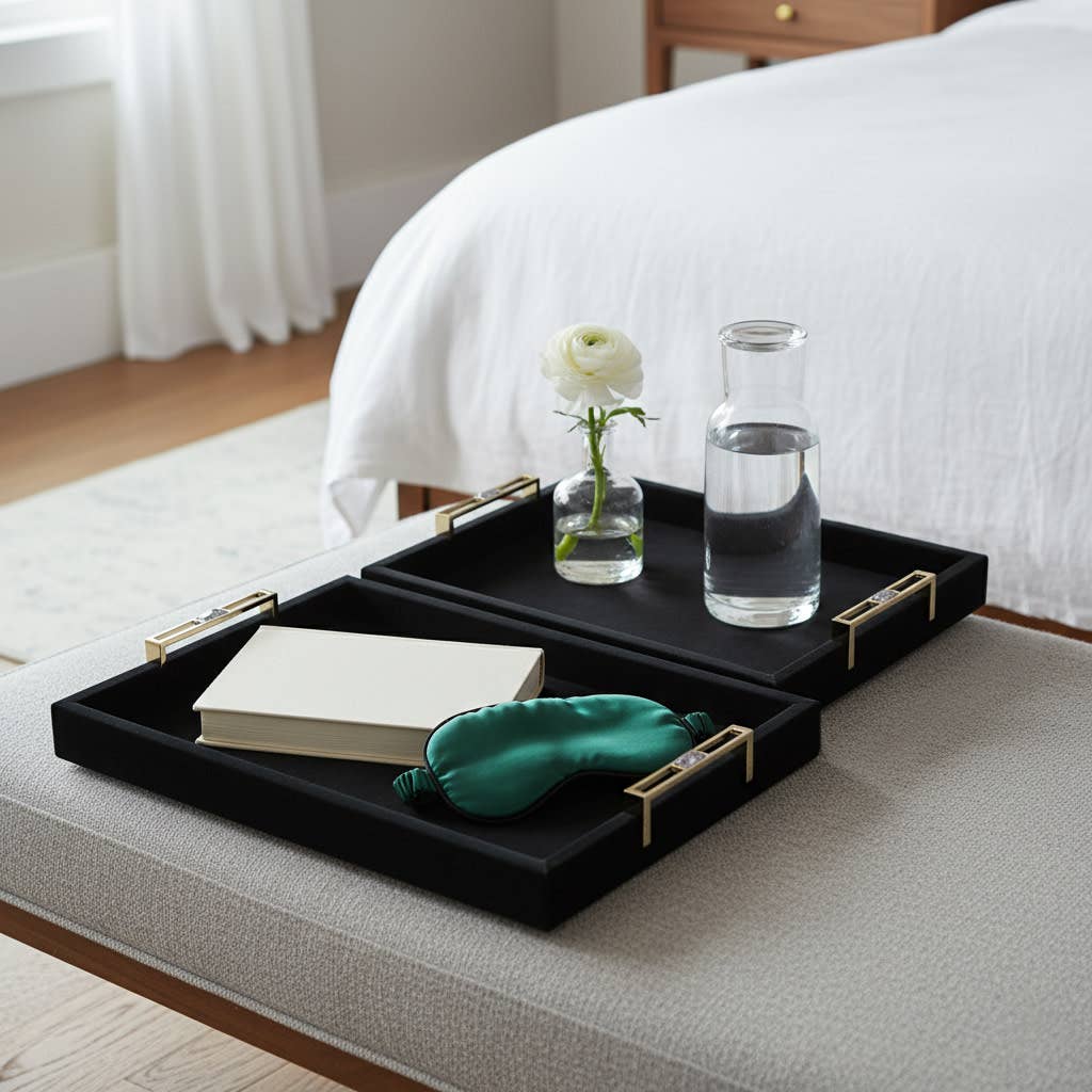 Trays Set of 2 - Black Wood Suede Ottoman, 17/20 in.