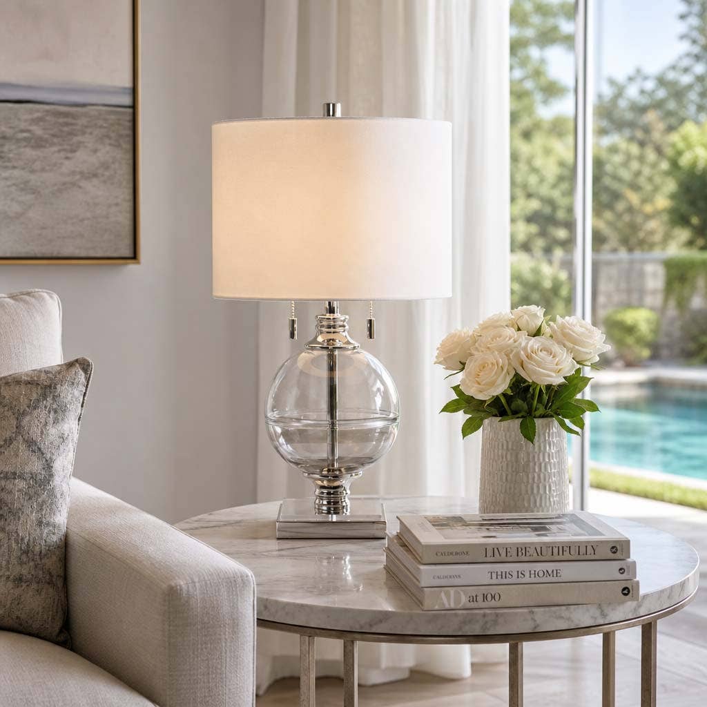Table Lamp - Clear and White Glass Metallic Base, 24 in.