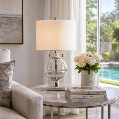 Table Lamp - Clear and White Glass Metallic Base, 24 in.