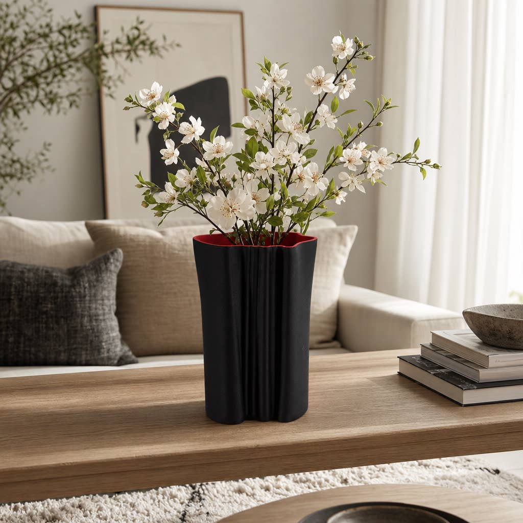 Decorative Vase - Black Porcelain Fluted 3D Printed, 12 in.