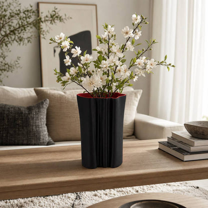Decorative Vase - Black Porcelain Fluted 3D Printed, 12 in.