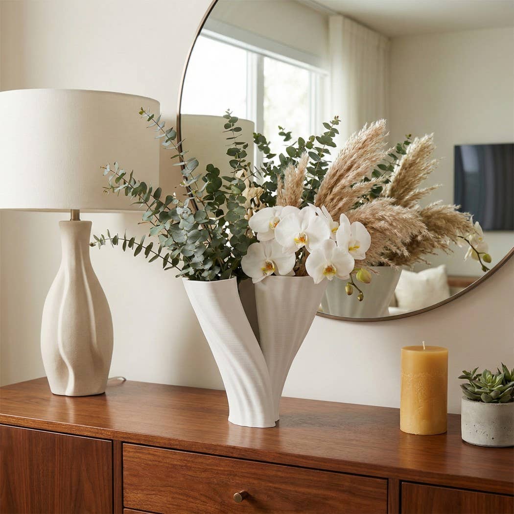 Decorative Vase - White Ceramic Modern 3D Printed, 9 in.