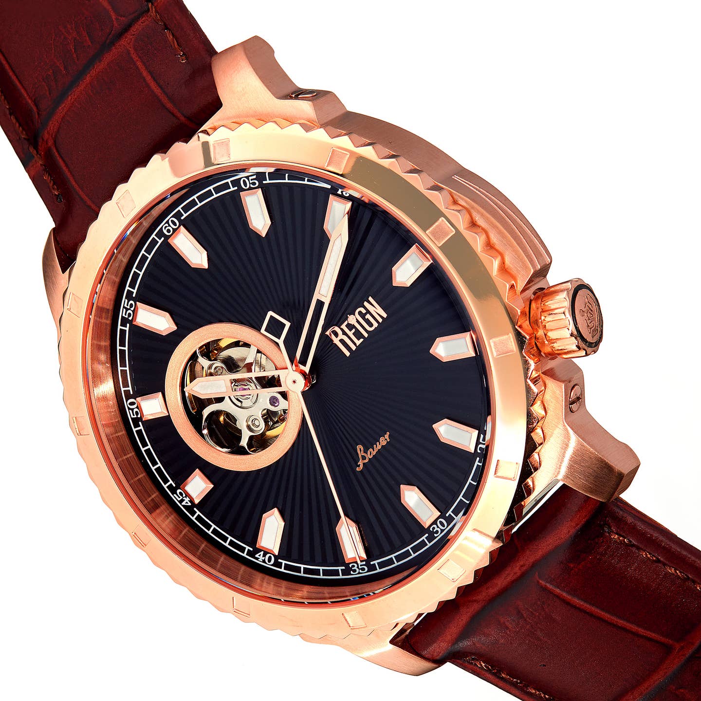 Reign Bauer Men's Automatic Semi-Skeleton Leather Watch