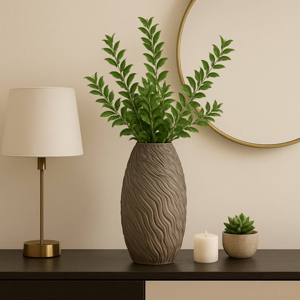 Decorative Vase - Brown Ceramic Wavy Textured, 19 in.
