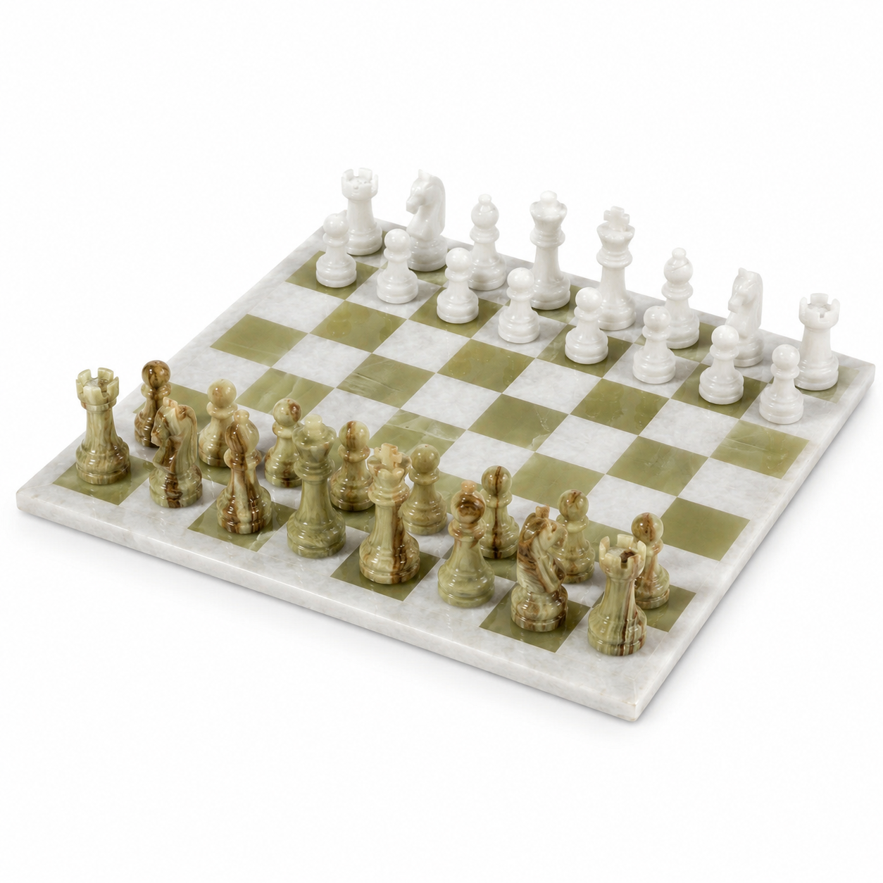 White & Green Onyx Marble Chess Set with Storage Case – Luxury Handmade Stone Chess Board