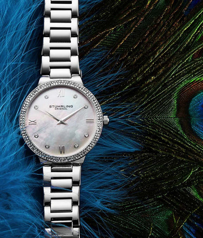 Stuhrling Original Carrara Women's Quartz Watch, 38mm, Silver Mother-of-Pearl Dial, Silver-Tone Stainless Steel Bracelet, Crystal-Accented Bezel