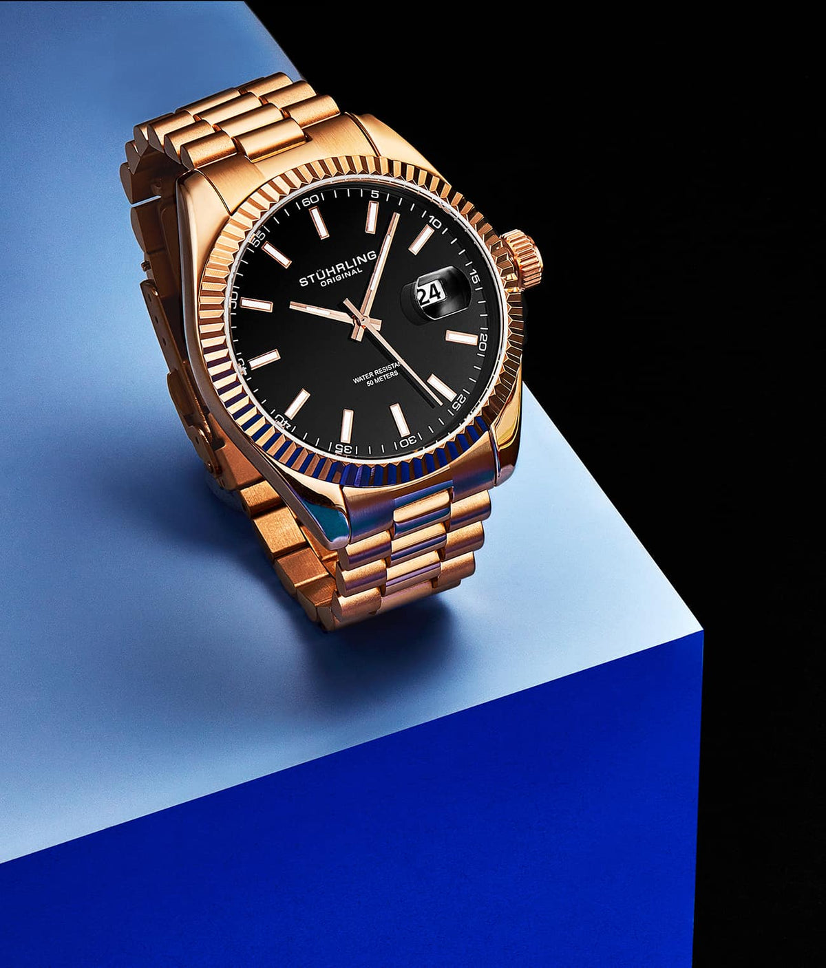 Stuhrling Original Lineage Men's Quartz Classic Watch, 42mm, Black Dial, Rose Gold-Tone Bracelet