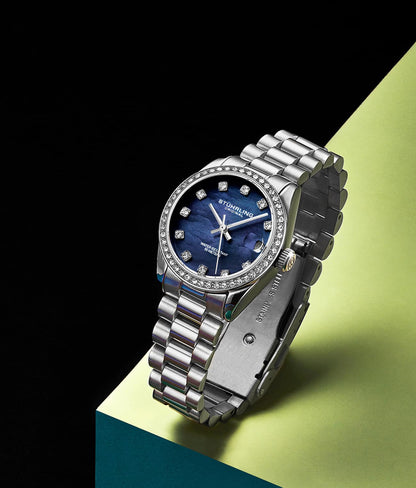 Stuhrling Original Lineage Women's Quartz Watch, 31mm, Blue Mother-of-Pearl Dial, Silver-Tone Stainless Steel Bracelet, Crystal-Accented Bezel