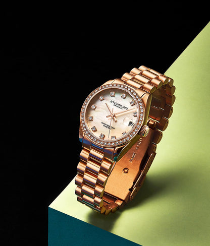 Stuhrling Original Lineage Women's Quartz Watch, 31mm, Silver Mother-of-Pearl Dial, Rose Gold-Tone Bracelet, Crystal-Accented Bezel