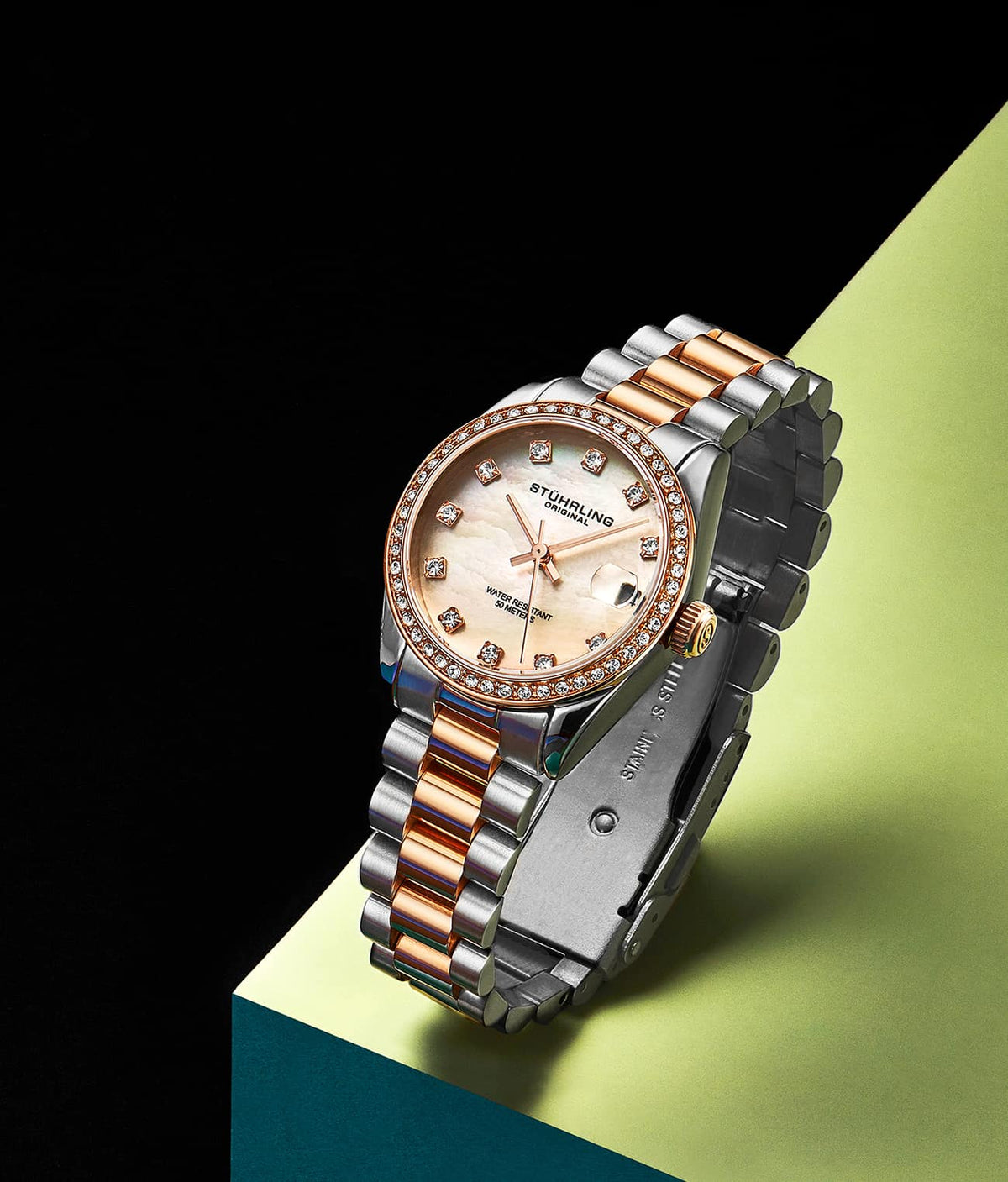 Stuhrling Original Lineage Women's Quartz Watch, 31mm, Silver Mother-of-Pearl Dial, Two-Tone Rose Gold & Silver Bracelet, Crystal-Accented Bezel