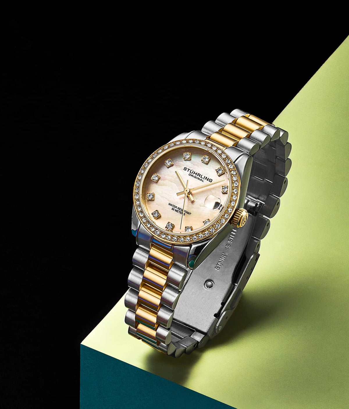 Stuhrling Original Lineage Women's Quartz Watch, 31mm, Silver Mother-of-Pearl Dial, Two-Tone Gold & Silver Bracelet, Crystal-Accented Bezel