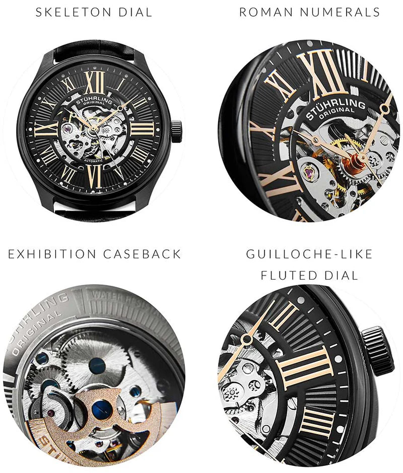 Stuhrling Original Atrium Men's Automatic Skeleton Watch, 42mm, Black Alligator Embossed Genuine Leather Strap