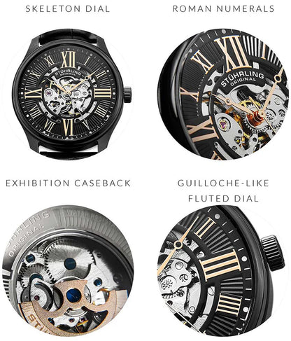 Stuhrling Original Atrium Men's Automatic Skeleton Watch, 42mm, Black Alligator Embossed Genuine Leather Strap