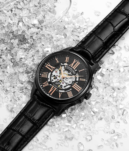 Stuhrling Original Atrium Men's Automatic Skeleton Watch, 42mm, Black Alligator Embossed Genuine Leather Strap