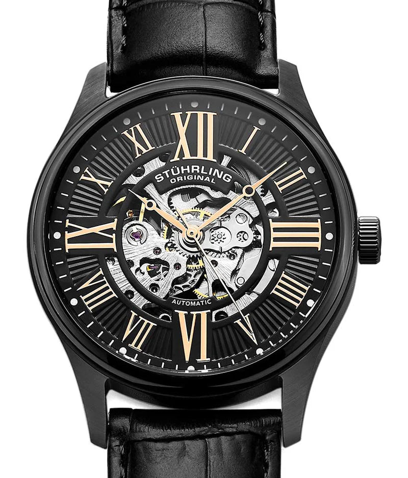 Stuhrling Original Atrium Men's Automatic Skeleton Watch, 42mm, Black Alligator Embossed Genuine Leather Strap