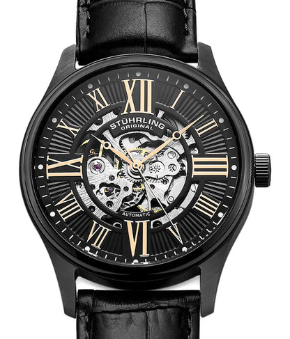 Stuhrling Original Atrium Men's Automatic Skeleton Watch, 42mm, Black Alligator Embossed Genuine Leather Strap