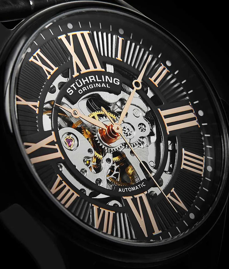 Stuhrling Original Atrium Men's Automatic Skeleton Watch, 42mm, Black Alligator Embossed Genuine Leather Strap