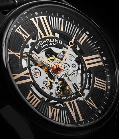 Stuhrling Original Atrium Men's Automatic Skeleton Watch, 42mm, Black Alligator Embossed Genuine Leather Strap