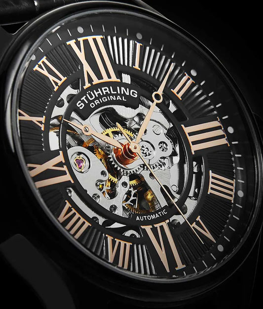 Stuhrling Original Atrium Men's Automatic Skeleton Watch, 42mm, Black Alligator Embossed Genuine Leather Strap