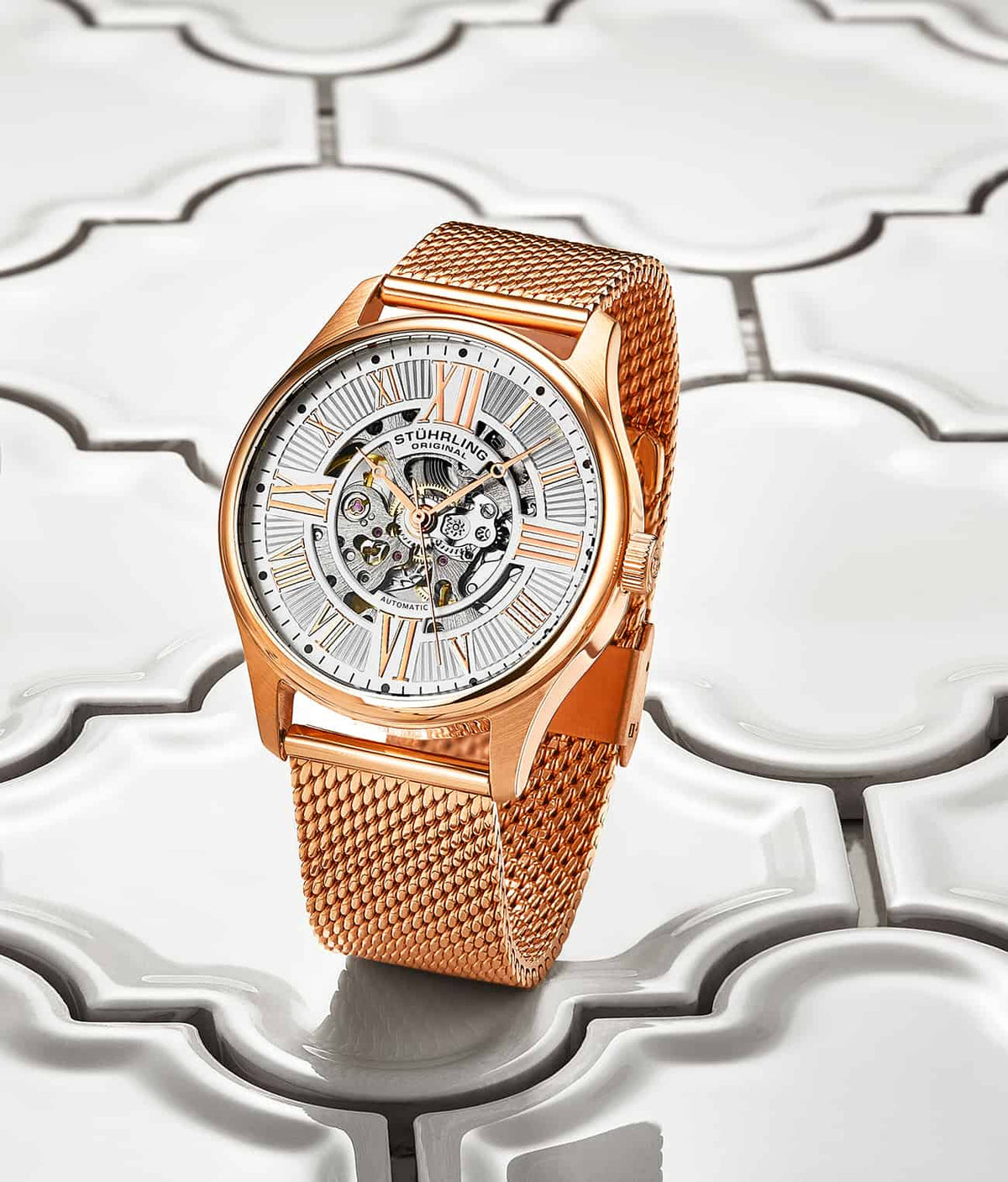 Stuhrling Original Atrium 3942M Men's Automatic Skeleton Watch, 42mm, Rose Gold-Tone Mesh Bracelet