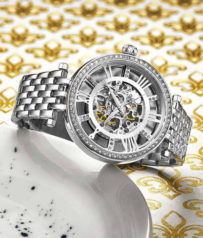 Stuhrling Original Delphi Women's Automatic Skeleton Watch, 38mm, Silver-Tone Stainless Steel Bracelet, Skeleton Dial
