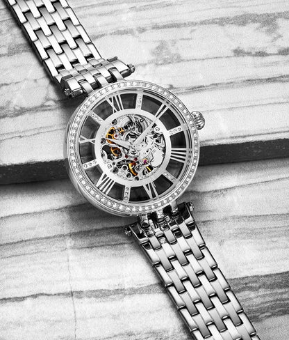 Stuhrling Original Delphi Women's Automatic Skeleton Watch, 38mm, Silver-Tone Stainless Steel Bracelet, Skeleton Dial