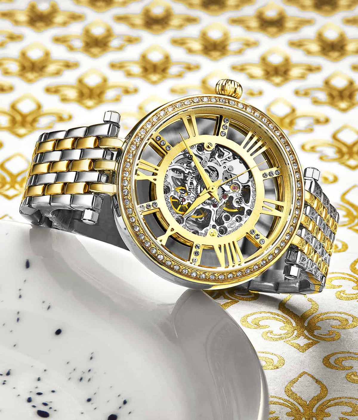 Stuhrling Original Delphi 3944 Women's Automatic Watch, 38mm, Two-Tone Gold & Silver Bracelet, Skeleton Dial