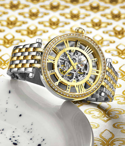Stuhrling Original Delphi 3944 Women's Automatic Watch, 38mm, Two-Tone Gold & Silver Bracelet, Skeleton Dial