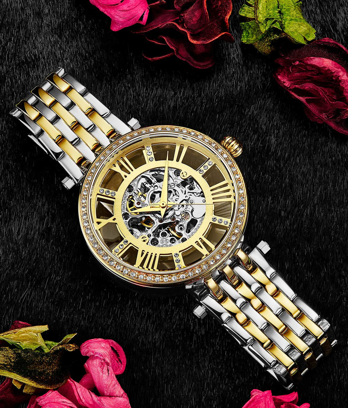 Stuhrling Original Delphi 3944 Women's Automatic Watch, 38mm, Two-Tone Gold & Silver Bracelet, Skeleton Dial